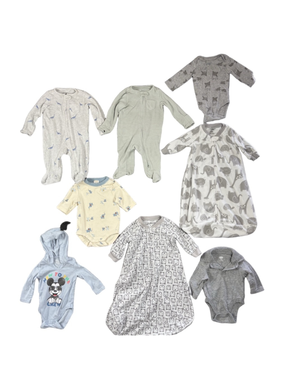 Baby Clothes Lot NB 0-3M Carter’s Disney Sleepers Onesies Neutral 8Pc
